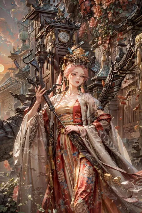 <(best quality, extremery best quality, masterpiece:1.4), (realistic, intricate details:1.4), (photorealistic:1.4), (extremely intricate:1.4), highres, ultra highres, ultra detailed, ultra-detailed, absurdres, incredibly absurdres, extremely detailed, high quality, high resolution, hyperrealistic, ultra-realistic, hyper-detailed, top quality, best, fine detail, massive detail, Highly detailed, extreme detailed, highest detailed, high-res, absolutely resolution, reflection, (refraction:1.4), (hyperrealism:1.4)>, BREAK, (1girl:1.3), solo, looking at viewer, (young cute beautiful 18-year-old girl:1.4), 3d face, (hand of Guido Daniele:1.4), beautiful girl, Beautiful face, pretty, girlface, kpop idol, supermodel, stunning innocent symmetry face, perfect body, medium breast, slim waist, slim legs, (high detailed skin:1.5), glowing eyes, goddess, natural skin texture, shiny skin, White skin, Beautiful detailed face, detailed face, real skin texture, cute delicate face, finely detailed face, golden ratio, golden ratio face, expressive eyes, perfect face, perfect skin, flawless face, clear face, shiny hair, pale skin, Proper body proportion, perfect anatomy, realistic skin texture, luscious lips, glossy lips, natural makeup, beautiful bright pupils, slender figure, intricate eyes, detailed pupils, detailed face and eyes, longeyelashes, blush, good hand, perfect hands, pretty face, beautiful female bodies, finely detailed skin, oily shiny skin, clean facial features, an extremely delicate and beautiful, cute & girly, beautiful detailed eyes, stars in the eyes, detailed simmetric eyes, perfect smooth skin texture, BREAK, (((((standing, (zanhua, holding flower, Pink flower on head:1.4), (smile, Pink hair, Pink eye, long hair, Pink eyelashes, Pink lips, Pink lip colour, Eyes glowing Pink, flat bangs, wearing hanfu, in Pink and white, happy expression, bird, lotus, hair ornament, water, dancing with butterfly, hanfu_tang, tang dynasty, chinese traditional architecture, in the garden, floral background, brilliant colors, wearing Tang-style clothing, flowing sleeves, floral pattern, golden bracelets, pearl earrings, long_hair, nail_polish, jewelry, ancient art, chinese style, golden embroidery, ornate hairpin, jade accessories, standing in imperial palace, red pillars, golden details, intricate carvings, decorative screens, sparkling jewels, ruqun, rich Chinese red, golden decorations, exquisite screens, golden dragon-patterned wallpaper, Pink silk curtains, delicate porcelain, Pink flower decorations, Pink carpets, mooth curved bridge, blue sky and green water:1.5), (night, Night time, moon light, sky, landscape, aurora borealis, stars, outdoors, Chinese, Pink fireworks, Sakura tree background:1.4), (lake background, mountains, full moon background, night lake shore, river, forest, chinese style countryard, lanterns, pond, cobblestone pathway, building pavilion, chinese buildings, moutains, misty lake, ancient chinese background, puddle, after the rain, petals falling, wet grass and trees, flower sea, in a meadow, waterfall, breeze, flying splashes, flying petals, leaves, bloom, bloom effect, surrounded by heavy floating petal flow, petal, Pink butterfly, flower, detailed beautiful grassland with petal, flowers, plants, Pink rose, many Pink roses, leaves falling from the tree, dust is drifting, ethereal, scenery, nature, mysterious background:1.4), (iridescent colors, Iridescence, blush, mysterious, fantasy background, fantasy, open mouth:1.2), (fog, wind:1.2), (Luminescent Particles:1.3), (fullbody:1.2), (eye focus, face focus, character focus, close-up face:1.2), (dutch angle, cowboy shot:1.3), colorful refraction)))), BREAK, <watercolor, available light, detailed light, volumetric fog, beautiful lighting, Rembrandt lighting, Cinematic, pixel art, game art, key visual, surreal, PBR Texturing, Anisotropic Filtering, Maximum Clarity And Sharpness, Albedo And Specular Maps, Multi-Layered Textures, Surface Shading, Sub-Pixel Convolution, Sub-Pixel Convolution, Accurate Simulation Of Light-Material Interaction, blurry foreground, broad light, volumetric light effect, matte painting, perfectly defined features, volumetric lighting, Tone Mapping, Lumen Reflections, Global illumination, Ray Tracing, Screen Space Global Illumination, Accent Lighting, 32k, Natural Lighting, volumetric, cinematic masterpiece, Rule of thirds, high dynamic range, Multi-exposure HDR capture, cinematic render, game cg cinematic, atmospheric perspective, movie scene, epic dynamic frame, motion blur, ((cinematic look, Film look)), rim light, 4k textures, adobe lightroom, photolab, insane details, hyperdetailed, exposure blend, professional color grading, professional color correction, aerial perspective, particles and dust in beams of light, cinematic scene, dynamic lighting, sharp details, lomography, soft focus, light leaks, bold hues, atmospheric depth, (explosive light and shadow:1.2), aesthetics, intricate designs, ultra realistic digital art, (zentangle, mandala, tangle, entangle), (fractal art), elegant, vivid colours, floating particles, particles, dramatic, epic, (ink drawing, oil painting detailed), (dramatic lighting:1.2), RAW, huge filesize, extremery detailed CG, Photo, 8k uhd, cinematic atmosphere, trending on artstation, award-winning glamour photograph, highly detailed photo, official art, beautiful and aesthetic, unity 8k wallpaper, beautiful, highly detailed CG illustration, best illustration, intricate, Amazing, emotional, analog, painting, digital painting, concept art, Oil Painting, illustration, Classical art, Renaissance, Romanticism, Neoclassicism, Color Palette, depth and contrast, Vibrant colors, saturated, rich saturation, color harmony, vivid palette, concept-art, design style, detail character, concept render, colorful, analog photography, dreamy atmosphere, specular highlights, atmospheric lighting, (dynamic angle, dynamic pose :1.3), (shiny, clothes reflecting light, lens flare, bloom effect, light particle, lens glare:1.3), realistic lighting, cinematic light, (cinematic lighting), light in the face, soft lighting, saturated colors, detailed background, sharp focus, 8k high definition, perspective, Master Composition, roughness, post-processing, soft shadows, realistic shadows, ambient occlusion, ray-tracing, subsurface scattering, photon mapping, physically-based rendering, octane rendering, unreal engine 5, ue5 rendering, Adobe After FX, dslr, RTX, Best character details, radiosity, sharp, antialiased, RAW photo, HDR, 8k, 4k, (((Photographed by Roger Deakins, using a RED Monstro 8K VV camera and a series of high-end lenses))), ((Hasselblad photography)), (film grain:1.4), Kodak portra 400, ((Fujifilm X-T5)), professional photograph, depth of field, caustics, Broad lighting, diffuse lighting, rim lighting, two tone lighting, textile details, visible pores, high resolution scan, professionally color graded, photographic reality, automatic white balance, best lighting, detailed shadow, high contrast, strong light and shadow>, (PureErosFace_V1:0.5), (ulzzang-6500:1), <lora:epiNoiseoffset_v3:2>, <lora:add_detail:2>, <lora:hipoly_3dcg_v7-epoch-000012:0.6>, <lora:zhongfenghuaxiyou-000018:0.1>, zhongfenghua, <lora:zanhua_v1:0.9>