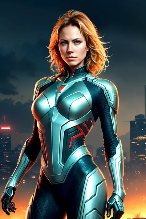 stacyk1, ((best quality)), ((masterpiece)), (detailed), Midjourney Style, close-up, woman, robot, red eyes, concept art, inspired by Marek Okon, digital art, Crysis Nanosuit, futuristic, (glowing elements:1.1), 4:3 aspect ratio, dynamic duo