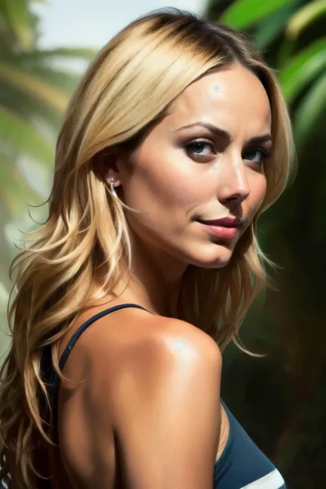 Brigitte Neilsen,short blonde hairstyle,tan skin Close up of breasts, pokies,white leather bikini,tropical flowers,plants,tropical waterfall location, smile,sexy seductive pose,