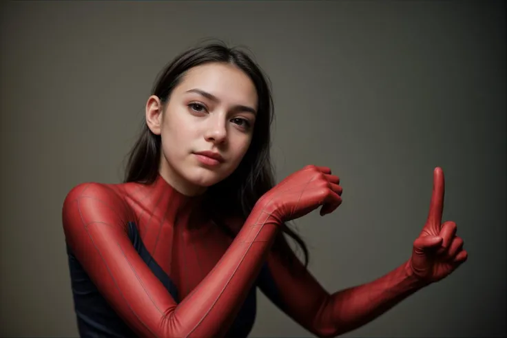 Marvel s,from below,photo of a 18 year old girl,spiderman,pointing at viewer,happy,ray tracing,detail shadow,shot on Fujifilm X-T4,85mm f1.2,sharp focus,depth of field,blurry background,bokeh,lens flare,motion blur,<lora:add_detail:1>,<lora:LCM_LoRA_Weights_SD15:1>,