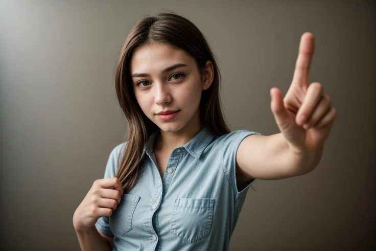 photo of a 18 year old girl,pointing at viewer,happy,denim shirt,ray tracing,detail shadow,shot on Fujifilm X-T4,85mm f1.2,depth of field,bokeh,motion blur,<lora:add_detail:1>,<lora:LCM_LoRA_Weights_SD15:1>,