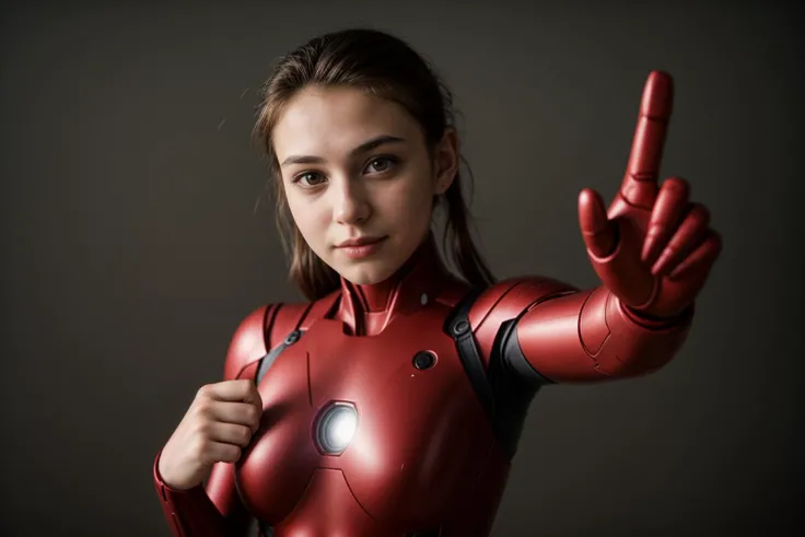 Marvel s,photo of a 18 year old girl,ironman,pointing at viewer,happy,ray tracing,detail shadow,shot on Fujifilm X-T4,85mm f1.2,depth of field,bokeh,motion blur,<lora:add_detail:1>,<lora:LCM_LoRA_Weights_SD15:1>,