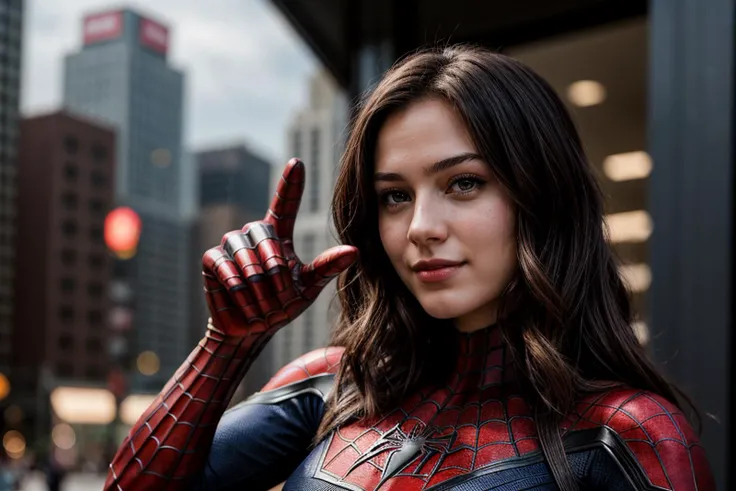 Marvel movies,from below,photo of a 18 year old girl,spiderman,pointing at viewer,happy,ray tracing,detail shadow,shot on Fujifilm X-T4,85mm f1.2,depth of field,blurry background,bokeh,motion blur,<lora:add_detail:1>,