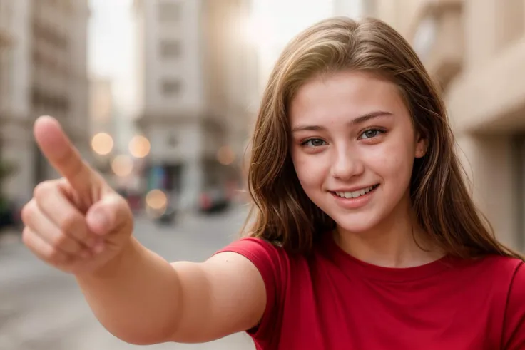 photo of a 18 year old girl,pointing at viewer,happy,laughing,red shirt,ray tracing,detail shadow,shot on Fujifilm X-T4,85mm f1.2,sharp focus,depth of field,blurry background,bokeh,lens flare,motion blur,<lora:add_detail:1>,
