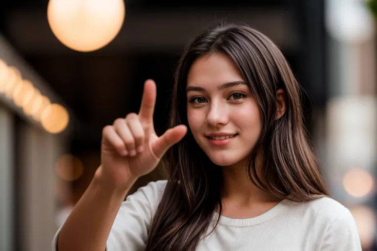 from below,photo of a 18 year old girl,pointing at viewer,happy,ray tracing,detail shadow,shot on Fujifilm X-T4,85mm f1.2,depth of field,blurry background,bokeh,motion blur,<lora:add_detail:1>,