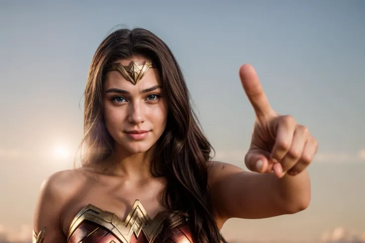 DC s,photo of a 18 year old girl,wonder woman,pointing at viewer,happy,laughing,ray tracing,detail shadow,shot on Fujifilm X-T4,85mm f1.2,sharp focus,depth of field,blurry background,bokeh,lens flare,motion blur,<lora:add_detail:1>,