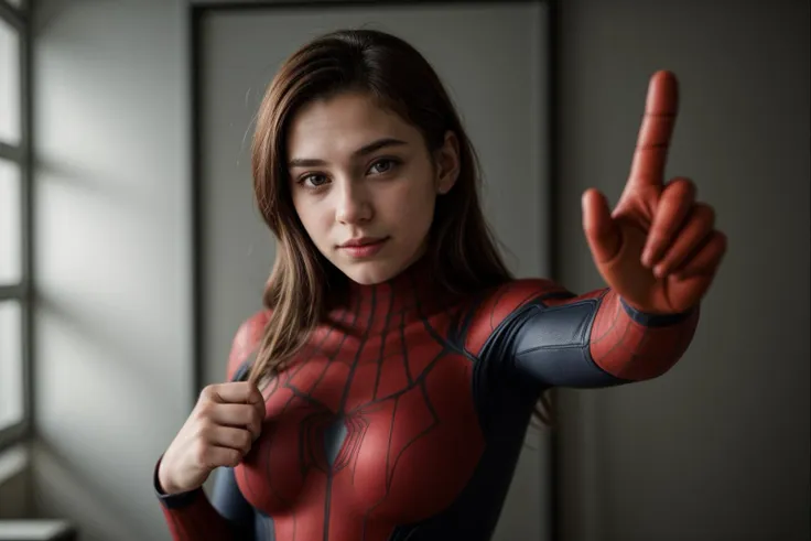 Marvel movies,photo of a 18 year old girl,spiderman,pointing at viewer,happy,ray tracing,detail shadow,shot on Fujifilm X-T4,85mm f1.2,depth of field,bokeh,motion blur,<lora:add_detail:1>,<lora:LCM_LoRA_Weights_SD15:1>,