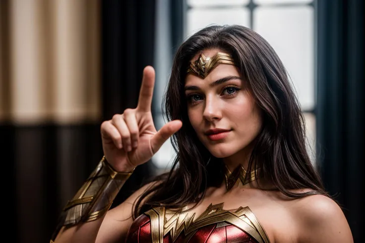 DC s,from below,photo of a 18 year old girl,wonder woman,pointing at viewer,happy,ray tracing,detail shadow,shot on Fujifilm X-T4,85mm f1.2,depth of field,blurry background,bokeh,motion blur,<lora:add_detail:1>,