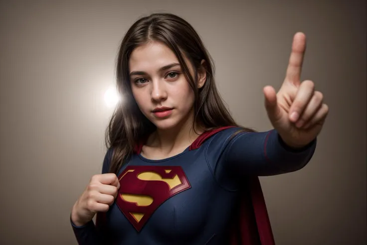DC s,photo of a 18 year old girl,supergirl,pointing at viewer,happy,ray tracing,detail shadow,shot on Fujifilm X-T4,85mm f1.2,depth of field,bokeh,motion blur,<lora:add_detail:1>,<lora:LCM_LoRA_Weights_SD15:1>,