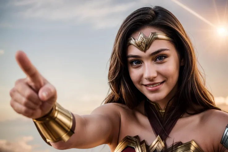 DC s,photo of a 18 year old girl,wonder woman,pointing at viewer,happy,laughing,ray tracing,detail shadow,shot on Fujifilm X-T4,85mm f1.2,sharp focus,depth of field,blurry background,bokeh,lens flare,motion blur,<lora:add_detail:1>,