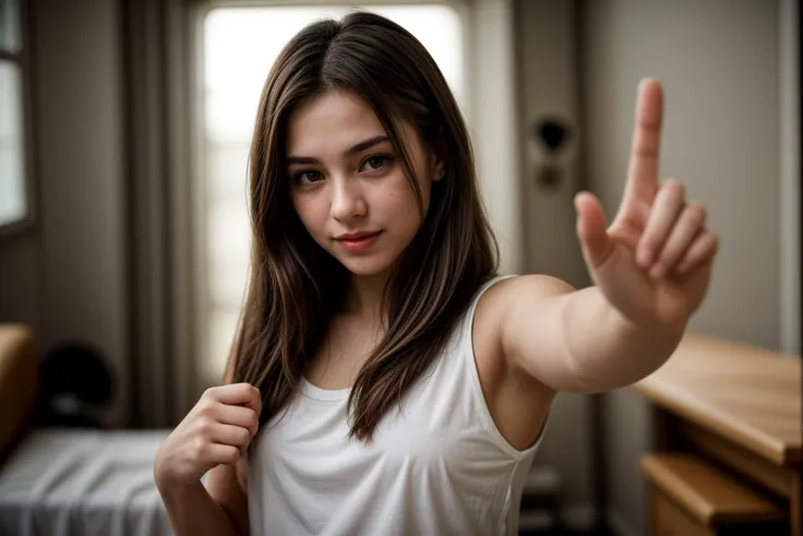 photo of a 18 year old girl,pointing at viewer,happy,ray tracing,detail shadow,shot on Fujifilm X-T4,85mm f1.2,depth of field,bokeh,motion blur,<lora:add_detail:1>,<lora:LCM_LoRA_Weights_SD15:1>,