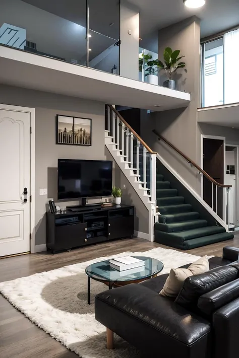 computer, no_humans, plant, potted_plant, scenery, indoors, tree, cup, pillow, book, window, bed, chair, table, couch, stairs, door, lamp, television, ceiling_light, room2<lora:room2:1>