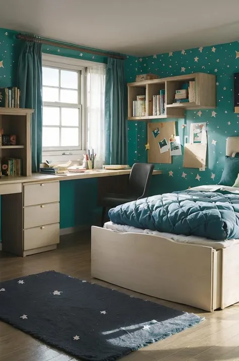 american_flag, box, christmas_ornaments, christmas_tree, constellation, curtains, indoors, night, night_sky, shooting_star, sky, space, star_print, starfish, starry_background, starry_sky, starry_sky_print, window, pillow, no_humans, bed, chair, desk, clock, lamp, computer, bedroom, monitor, poster_\(object\), trash_can, calendar_\(object\), room2<lora:room2:1>
