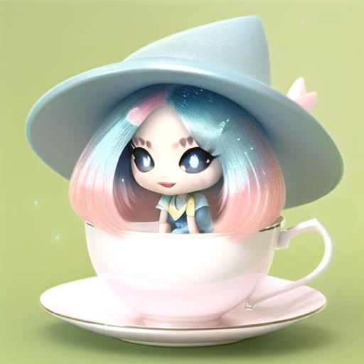 alien humanoid, fairy, 1girl, <lora:Hatterene:1>, hatterene, chibi, white skin, in a large teacup, pink hair, reaching in, drinking, shimmer,
