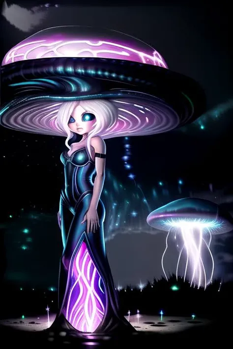 (thunderstorm:1.2), giantess, bioluminescent, glow in the dark, alien humanoid, fairy, 1girl, <lora:Hatterene:1>, hatterene, chibi, (white skin:1.2), mushroom hat, tentacle hair,