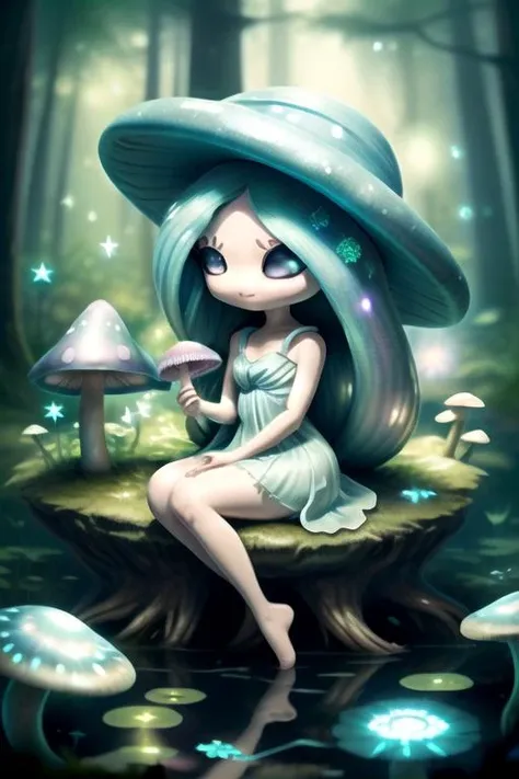 alien humanoid, fairy, 1girl, <lora:Hatterene:1>, hatterene, chibi, white skin, mushroom hat, tentacle hair, enchanted forest, bioluminescent, glow in the dark, shimmering, pond, sitting,