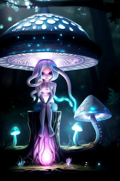 alien humanoid, fairy, 1girl, <lora:Hatterene:1>, hatterene, chibi, white skin, mushroom hat, tentacle hair, enchanted forest, bioluminescent, glow in the dark, shimmering, pond, sitting,