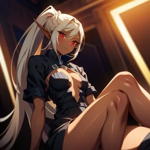 (masterpiece, best quality, absurdres, perfect anatomy),1girl,sitting,black dress,ponytail,red eyes,pointy ears,<lora:GoodHands-vanilla:1>,<lora:Chole-10:0.8>,evil smile,brown skin,