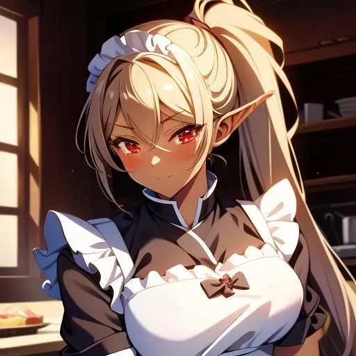 (masterpiece, best quality, absurdres, perfect anatomy),1girl,maid,pony tail,red eyes,<lora:GoodHands-vanilla:1>,<lora:Chole-10:0.8>,evil smile,brown skin,kitchen,<lora:WafuMaid:0.7>, WafuMaidCh,