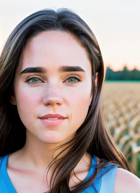 closeup portrait of Jennifer Connelly, happy , wearing leggings  , background corn maze, epic (photo, studio lighting, hard light, sony a7, 50 mm, matte skin, pores, colors, hyperdetailed, hyperrealistic),  <lyco:Jennifer Connelly:1.3>