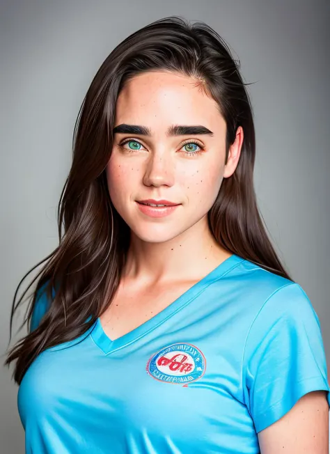 portrait of Jennifer Connelly, happy , wearing t-shirt , background lake, epic (photo, studio lighting, hard light, sony a7, 50 mm, matte skin, pores, colors, hyperdetailed, hyperrealistic), <lyco:Jennifer Connelly:1.2>