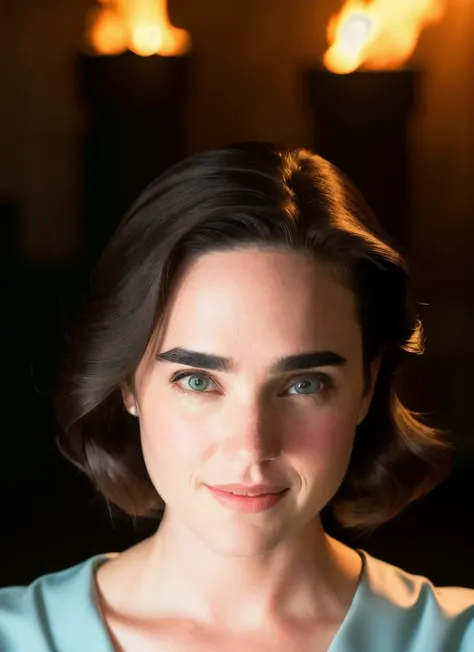 portrait of Jennifer Connelly, happy , wearing haute couture garments  , background fire, epic (photo, studio lighting, hard light, sony a7, 50 mm, matte skin, pores, colors, hyperdetailed, hyperrealistic),  <lyco:Jennifer Connelly:1.2>