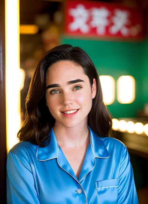 portrait of Jennifer Connelly, happy , wearing pajamas  , background ramen shop, epic (photo, studio lighting, hard light, sony a7, 50 mm, matte skin, pores, colors, hyperdetailed, hyperrealistic),  <lyco:Jennifer Connelly:1.2>