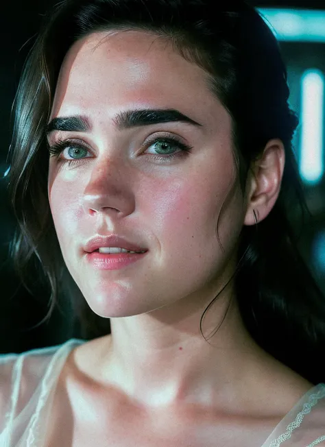 closeup portrait of Jennifer Connelly, happy , wearing organza , background cyberpunk city, epic (photo, studio lighting, hard light, sony a7, 50 mm, matte skin, pores, colors, hyperdetailed, hyperrealistic), <lyco:Jennifer Connelly:1.2>