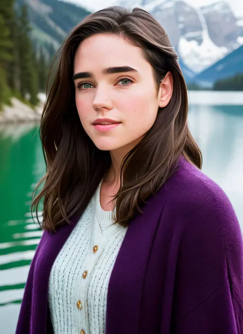 portrait of Jennifer Connelly, happy , wearing cashmere  , background lake, epic (photo, studio lighting, hard light, sony a7, 50 mm, matte skin, pores, colors, hyperdetailed, hyperrealistic),  <lyco:Jennifer Connelly:1.2>