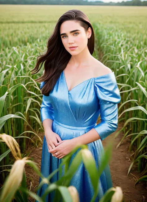 portrait of Jennifer Connelly, happy , wearing haute couture  , background corn maze, epic (photo, studio lighting, hard light, sony a7, 50 mm, matte skin, pores, colors, hyperdetailed, hyperrealistic),  <lyco:Jennifer Connelly:1.2>