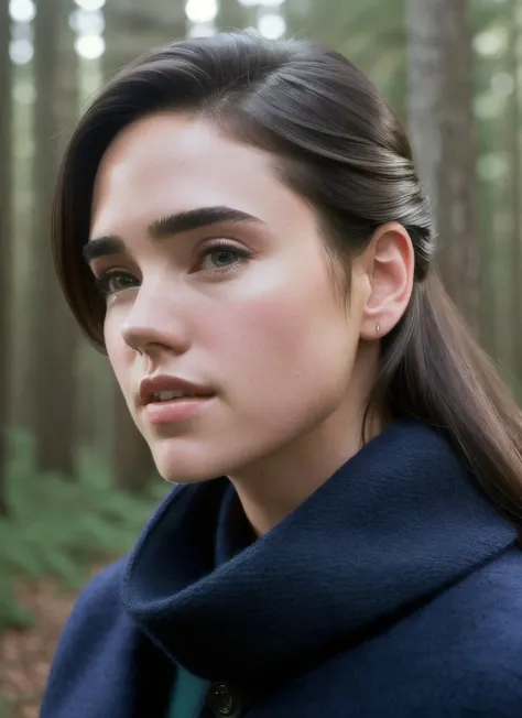 portrait of Jennifer Connelly, happy , wearing cashmere  , background forest, epic (photo, studio lighting, hard light, sony a7, 50 mm, matte skin, pores, colors, hyperdetailed, hyperrealistic),  <lyco:Jennifer Connelly:1.2>