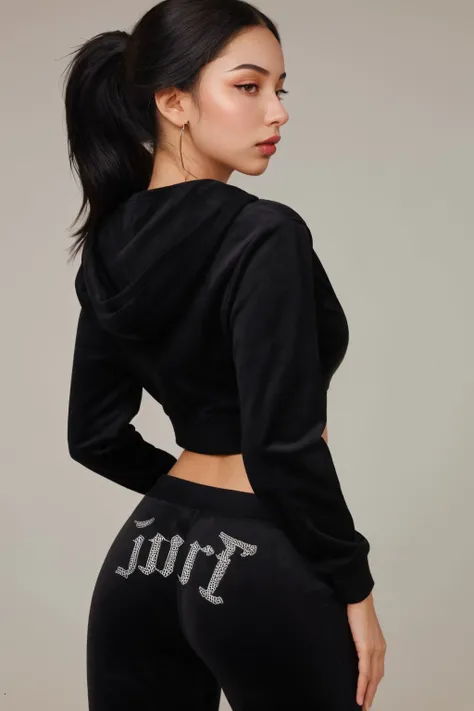 DV_Clementine_Vicious, (21 years old, young woman), long black ponytail hair, modern photo, modeling black tracksuit, hoodie, track pants, logo on ass, (from behind, butt:1.3), <lora:juicy_couture-SD15:0.9>, (cowboy shot:1.3), (35mm, F/2.8) Photo Focus, DOF, Aperture, insanely detailed and intricate, character, hypermaximalist, beautiful, revealing, appealing, attractive, amative, hyper realistic, super detailed, beautiful girl, ((detailed eyes)), long eyelashes, (glossy lips), (simple light background, photoshoot:1.3), product photo