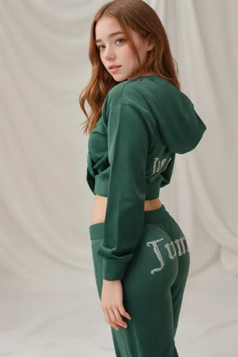 DV_Manuela_Vicious, (21 years old, young woman), long hair, smiling, modern photo, modeling green tracksuit, hoodie, track pants, <lora:juicy_couture-SD15:1>, (cowboy shot:1.3), (35mm, F/2.8) Photo Focus, DOF, Aperture, insanely detailed and intricate, character, hypermaximalist, beautiful, revealing, appealing, attractive, amative, hyper realistic, super detailed, beautiful girl, ((detailed eyes)), long eyelashes, (glossy lips), (simple light background, photoshoot:1.3), product photo