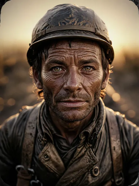 "Trench Gorger", at Sunrise, Selective focus, Ambrotype, close-up, <lora:photorealistic_portrait_notrigger:1>