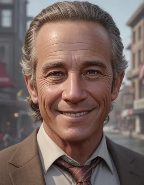 close up of ernie sabella smiling wearing a brown suit and necktie, focus, d & d, intricate, elegant, highly detailed, digital painting, artstation, concept art, matte, sharp focus, illustration, hearthstone, art by artgerm and greg rutkowski and alphonse mucha, ravaged coastal town, destroyed boardwalks, shipwrecks, remnants of seaside life, <lora:photorealistic_portrait_notrigger:0.8>