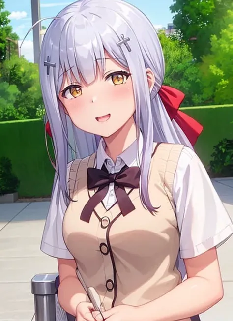 raphiel, 1girl, open_mouth, blue_sky, solo, sky, smile, school_uniform, short_sleeves, cloud, upper_body, day, shirt, window, sweater_vest, eyebrows_visible_through_hair, <lora:Raphiel_v1-000019:1>, (red bow:1.25), (hair ornament:1.25), (illustration:1.1),(best quality),(masterpiece:1.1),(beautiful and clear background:1.25),(extremely detailed CG unity 8k wallpaper:1.1), (colorful:0.9),(depth of field:0.75)