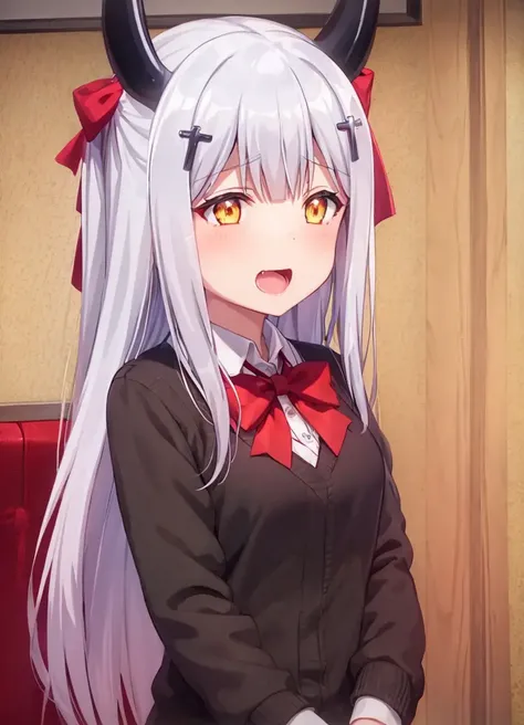1girl, long_hair, solo, red_bowtie, red bow, hair_ornament, yellow_eyes, open_mouth, eye_focus, cross_hair_ornament, x_hair_ornament, (devil_horns:1.2),<lora:Raphiel_v1:0.8>, (illustration:1.1),(best quality),(masterpiece:1.1)
