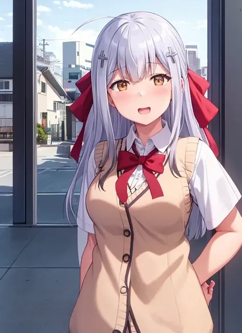 raphiel, 1girl, open_mouth, blue_sky, solo, sky, smile, school_uniform, short_sleeves, cloud, upper_body, day, shirt, window, sweater_vest, eyebrows_visible_through_hair, <lora:Raphiel_v1-000019:1>, (red bow:1.25), (hair ornament:1.25), (illustration:1.1),(best quality),(masterpiece:1.1),(beautiful and clear background:1.25),(extremely detailed CG unity 8k wallpaper:1.1), (colorful:0.9),(depth of field:0.75)