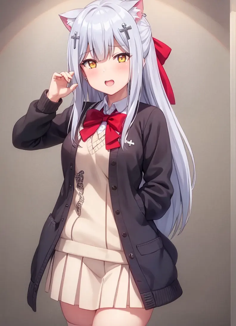 1girl, long_hair, solo, red_bowtie, red bow, hair_ornament, yellow_eyes, open_mouth, eye_focus, cross_hair_ornament, x_hair_ornament, color contact lenses, lace trim, drop earrings, necklace, heart hair ornament, feather hair ornament, thighhighs, cat pose,,<lora:Raphiel_v1:1>, (illustration:1.1),(best quality),(masterpiece:1.1)