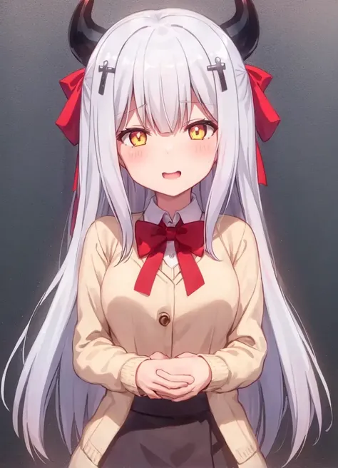 1girl, long_hair, solo, red_bowtie, red bow, hair_ornament, yellow_eyes, open_mouth, eye_focus, cross_hair_ornament, x_hair_ornament, (devil_horns:1.2),<lora:Raphiel_v1:0.8>, (illustration:1.1),(best quality),(masterpiece:1.1)