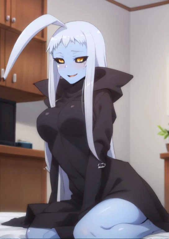 (masterpiece, best quality:1.2), extremely detailed, soft ambient lighting, sharp focus, 4K, BREAK <lora:lala-monmusu:0.9>, lala, monster musume, 1girl, solo, blue skin, black sclera, black scar, black dress, BREAK looking at viewer, giggling, blush