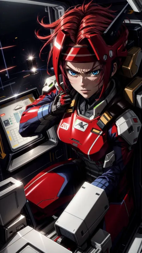 <lora:kallentest:0.8> kallen stadtfeld, blue eyes, headband, red hair, pilot suit, angry, <lora:add_detail:0.4> BREAK, <lora:mscockpit:0.5> Mscockpit, cockpit, masterpiece, best quality, extremely detailed, highly quality, 4k, sharp focus, professional, sharp focus, award winning, cinematic lighting, octane render, unreal engine, volumetrics dtx, Wallpaper,