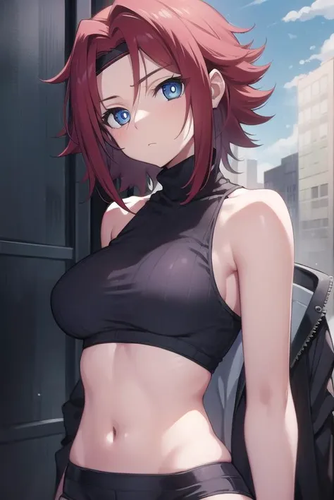 kallenstadtfeld, <lora:kallentest:1>, kallen stadtfeld, blue eyes, headband, red hair, short hair,
BREAK sleeveless, sleeveless turtleneck, turtleneck,
BREAK looking at viewer,
BREAK outdoors, city,
BREAK <lora:GoodHands-vanilla:1>, (masterpiece:1.2), best quality, high resolution, unity 8k wallpaper, (illustration:0.8), (beautiful detailed eyes:1.6), extremely detailed face, perfect lighting, extremely detailed CG, (perfect hands, perfect anatomy),