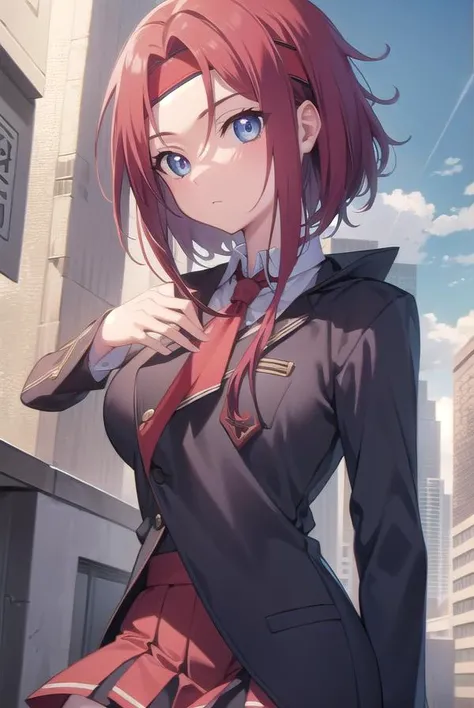 kallenstadtfeld, <lora:kallentest:1>, kallen stadtfeld, blue eyes, headband, red hair, short hair,
BREAK ashford academy school uniform, long sleeves, miniskirt, school uniform, skirt, thighhighs, zettai ryouiki,
BREAK looking at viewer,
BREAK outdoors, city,
BREAK <lora:GoodHands-vanilla:1>, (masterpiece:1.2), best quality, high resolution, unity 8k wallpaper, (illustration:0.8), (beautiful detailed eyes:1.6), extremely detailed face, perfect lighting, extremely detailed CG, (perfect hands, perfect anatomy),