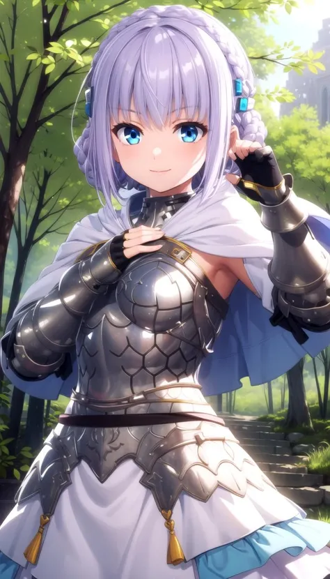 (Love pose:1.3), Light smile, Forest, sunny, Short cape, (Armor:1.1), White frills, Hair ornament, Blue eyes, masterpiece, best quality, Solo, <lyco:laeticia_aucerius:0.8>, Light purple hair, (Cute and innocent), White dress