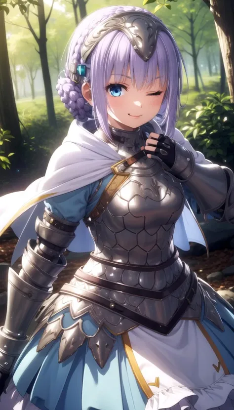 One eye closed, tongue, Light smile, Forest, sunny, Short cape, Armor, White frills, Dress, Hair ornament, Blue eyes, masterpiece, best quality, Solo, <lyco:laeticia_aucerius:0.8>, Light purple hair, (Cute and innocent)