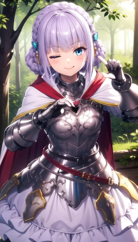 (Heart pose:1.2), One eye closed, tongue, Light smile, Forest, sunny, Short cape, Armor, White frills, Dress, Hair ornament, Blue eyes, masterpiece, best quality, Solo, <lyco:laeticia_aucerius:0.8>, Light purple hair, (Cute and innocent)