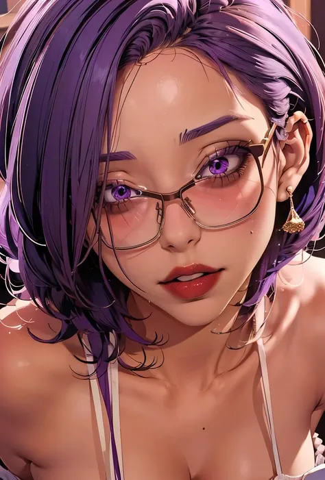 Anime girl with purple hair and glasses, tits and no clothes, 1girl, grey eyes, one_color_background,
