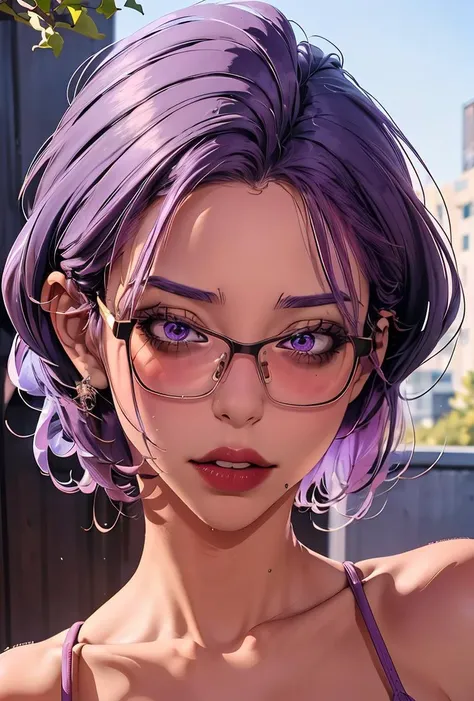 (masterpiece, best quality), 1girl, <lora:20240216-1708063916426:0.8> JMT,Glasses,purple hair,short hair,purple eyes,