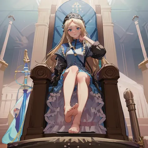 (best quality:1.4), masterpiece, absurdres, barefoot sandals, (<lora:iris-pynoise:1>:0.8) , socks, soles, toes, blue dress, no shoes, throne, (throneroom:1.5) , windows, castle background,